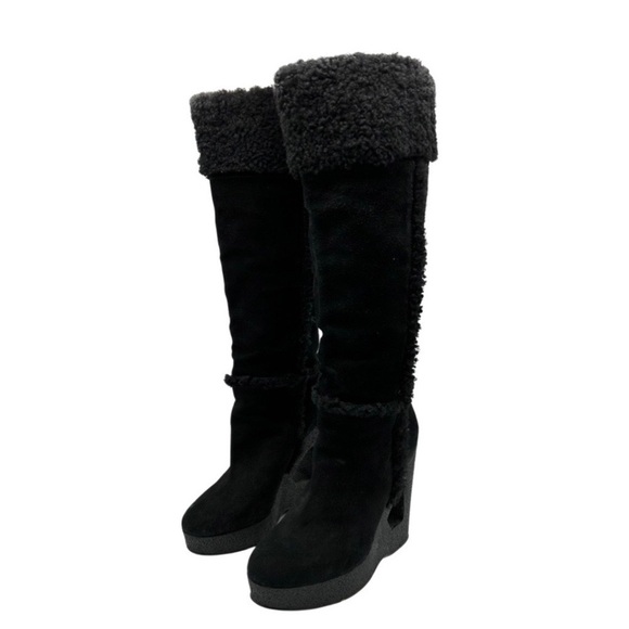 Michael Kors Knee High Suede &‎ Shearling Wedge Cutout Heel Boots - Picture 4 of 15